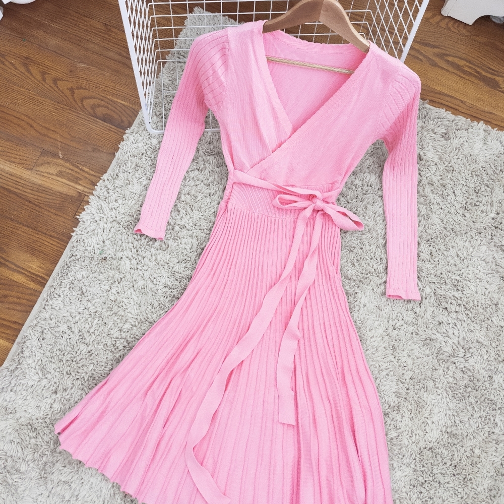 Long sleeve pink sweater dress spring dress